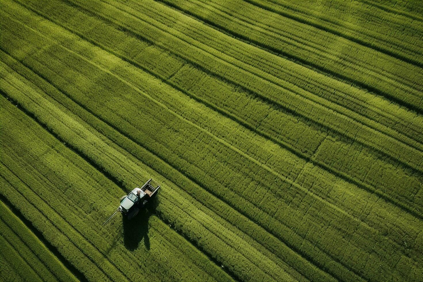 AI generated Taking care of the Crop. Aerial view of a Tractor fertilizing a cultivated agricultural field. photo