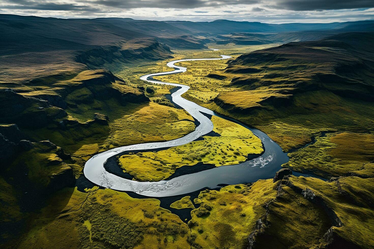 AI generated drone aerial birds eye view of a large green grass forest with tall trees and a big blue bendy river flowing through the forest photo