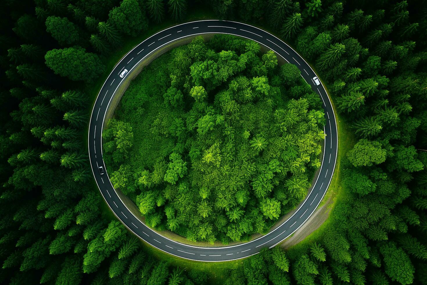 ai generado rotonda en el medio de un bosque circular la carretera rodeado por arboles foto