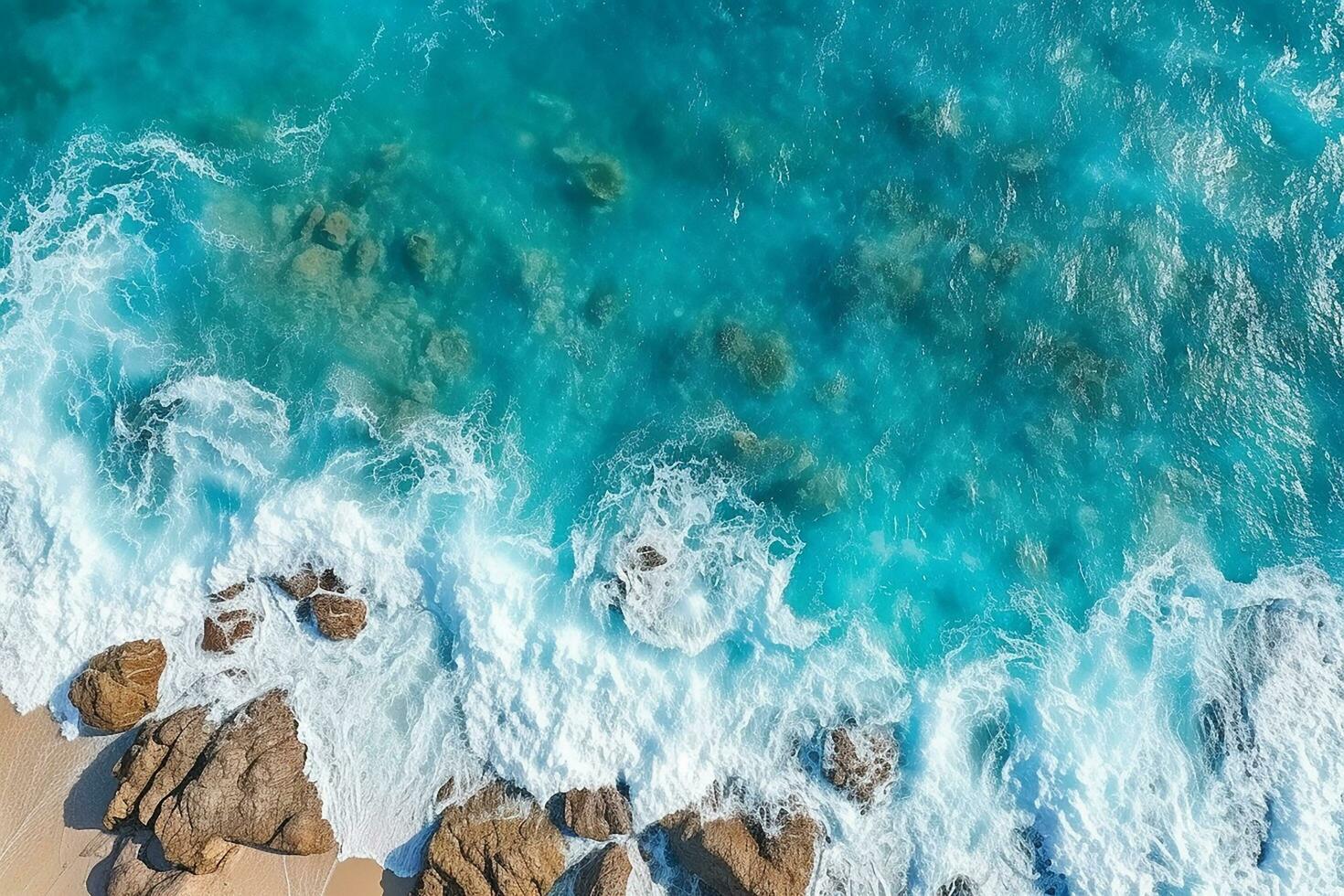 AI generated Top view aerial image from drone of an stunning beautiful sea landscape beach with turquoise water with copy space photo