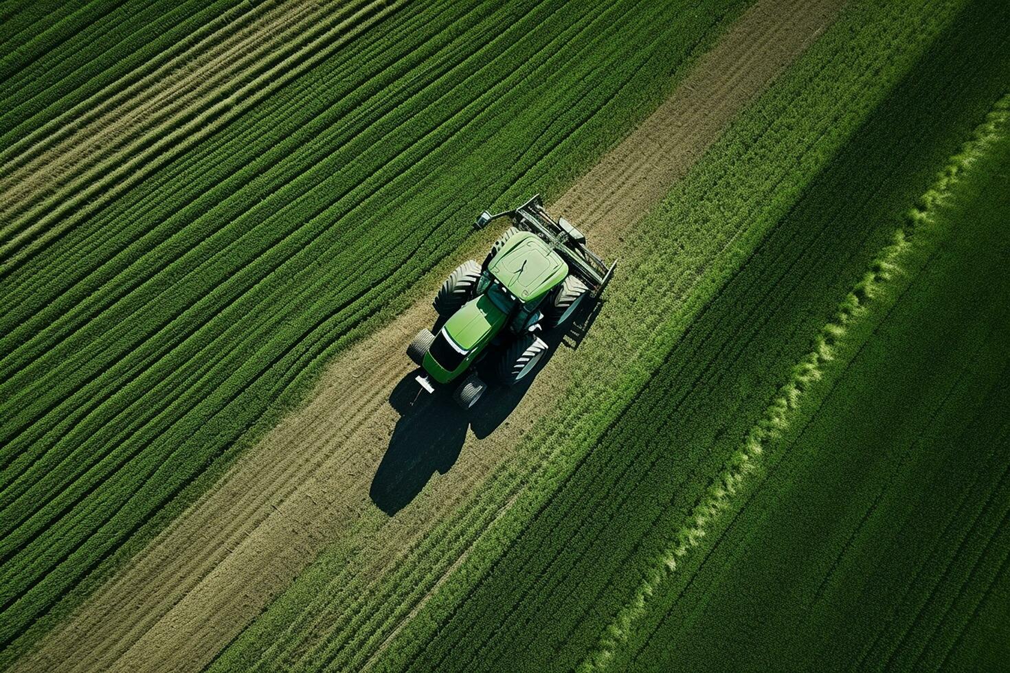 AI generated Taking care of the Crop. Aerial view of a Tractor fertilizing a cultivated agricultural field. photo