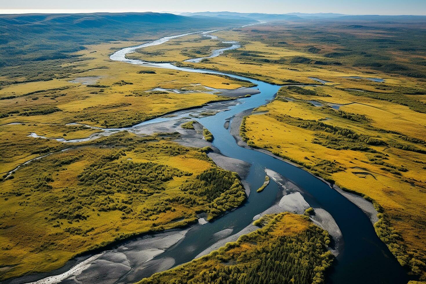 AI generated drone aerial birds eye view of a large green grass forest with tall trees and a big blue bendy river flowing through the forest photo