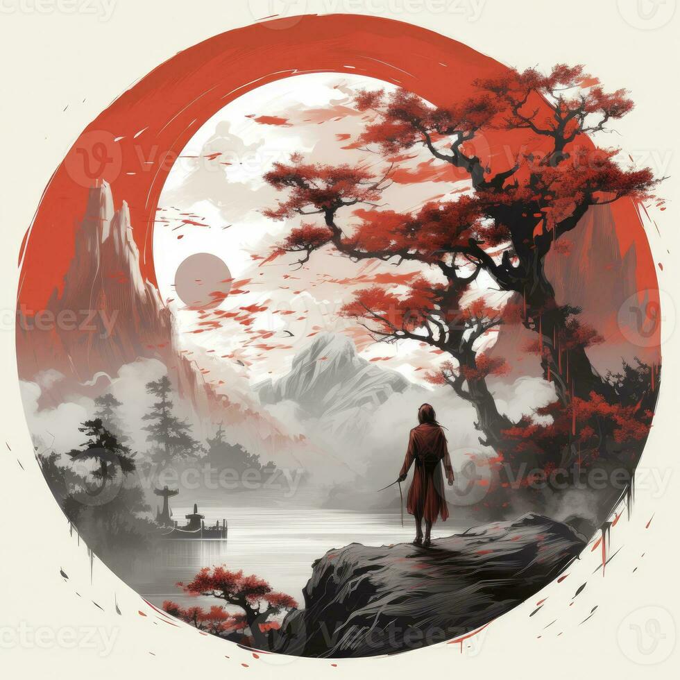 AI generated Chinese ink painting. T-shirt Design. AI Generated photo