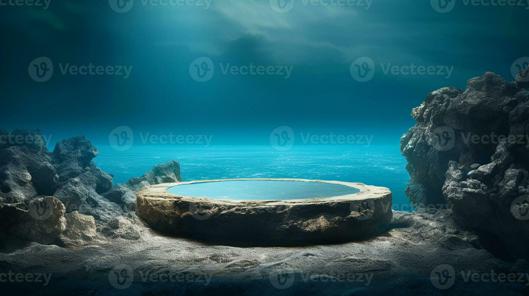 AI generated 3d rendered abstract empty display podium underwater made with stone Minimal scene for product display presentation photo