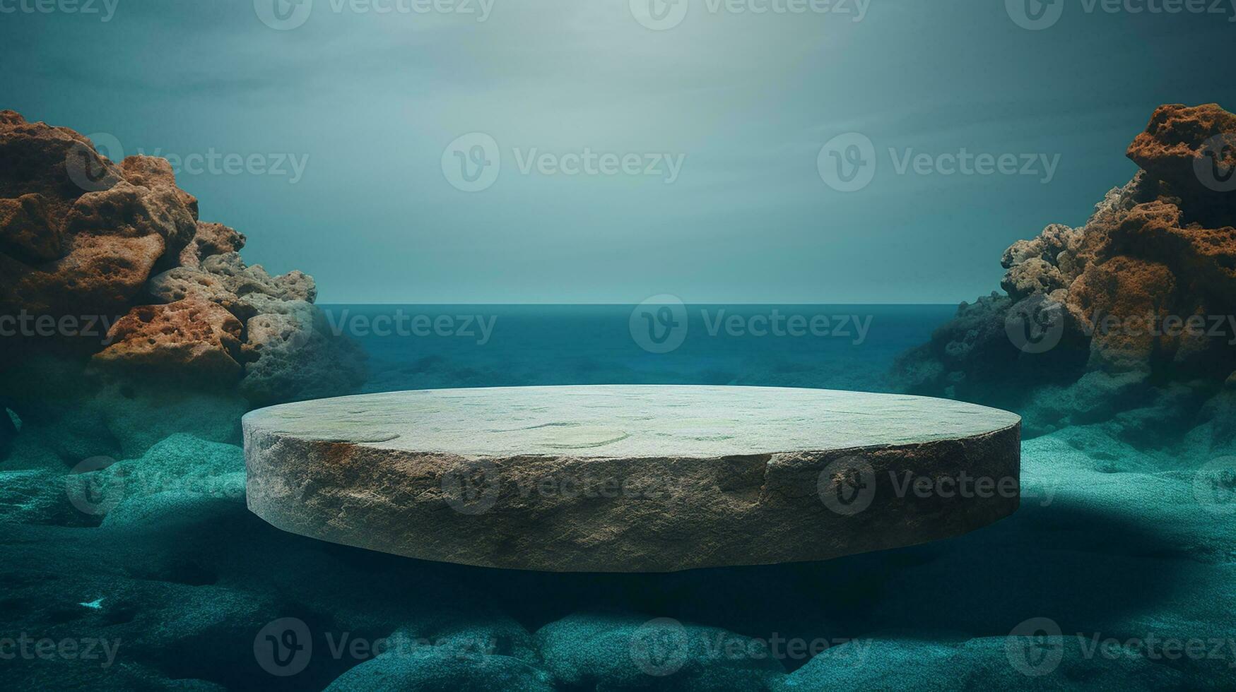 AI generated 3d rendered abstract empty display podium underwater made with stone Minimal scene for product display presentation photo