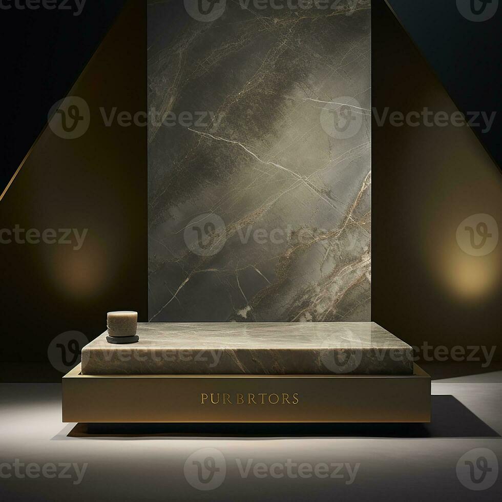 AI generated 3d rendered abstract empty display stone podium with leaves Minimal scene for product display presentation photo