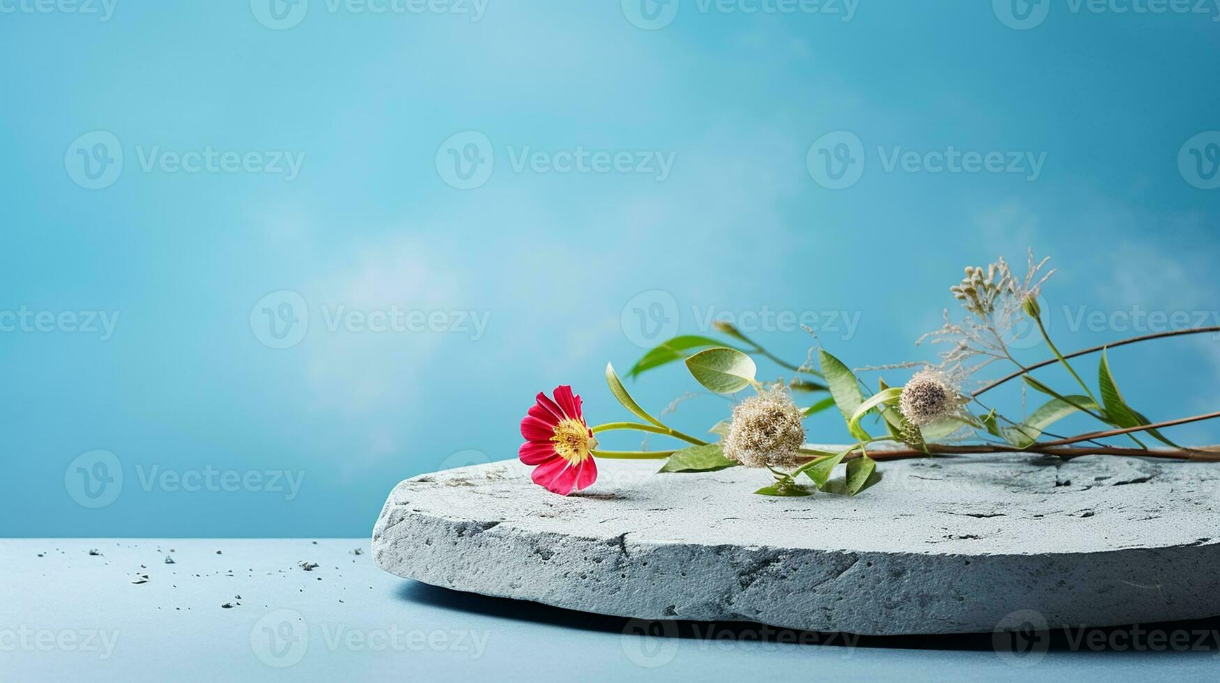AI generated 3d rendered abstract empty display stone podium with flowers Minimal scene for product display presentation photo