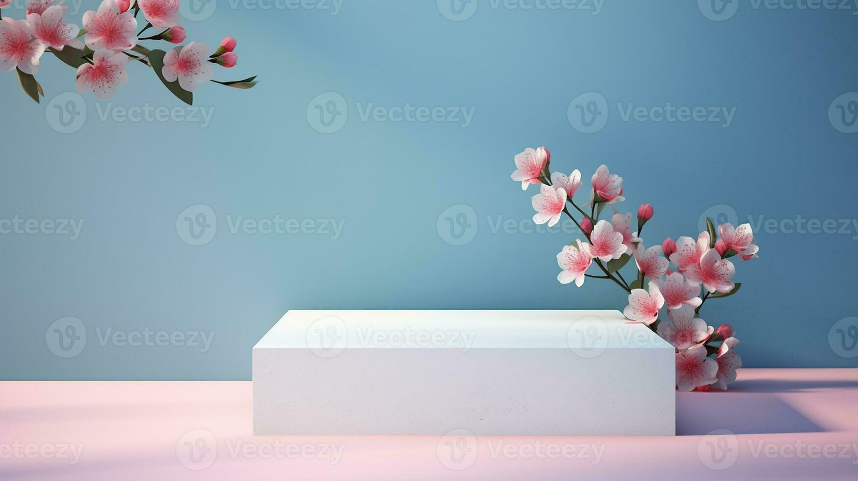 AI generated 3d rendered pastel empty display podium with flowers Minimal scene for product display presentation photo