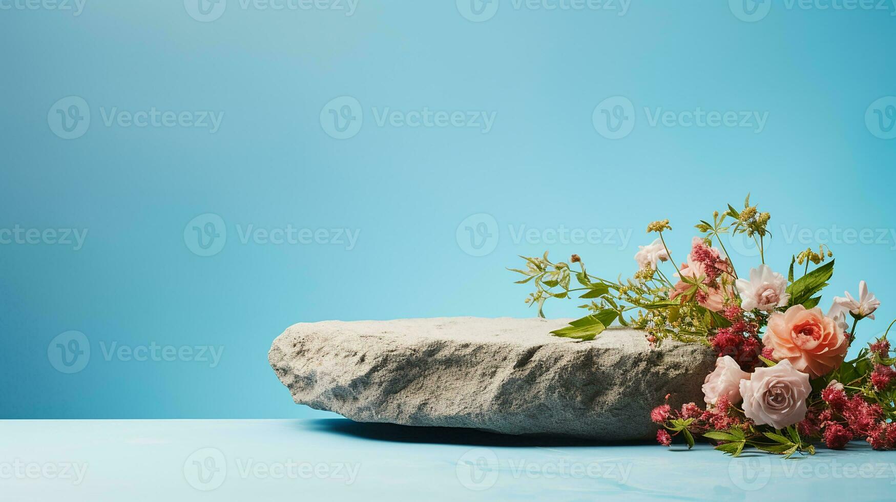 AI generated 3d rendered abstract empty display stone podium with flowers Minimal scene for product display presentation photo