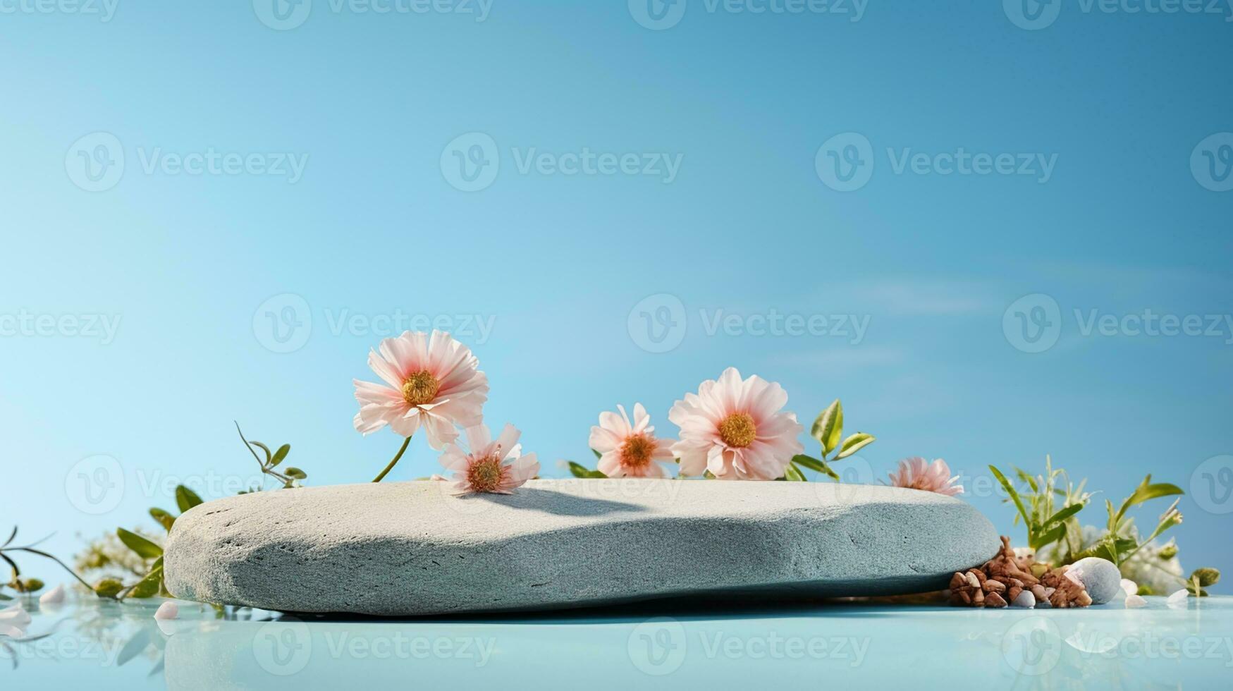 AI generated 3d rendered abstract empty display stone podium with flowers Minimal scene for product display presentation photo