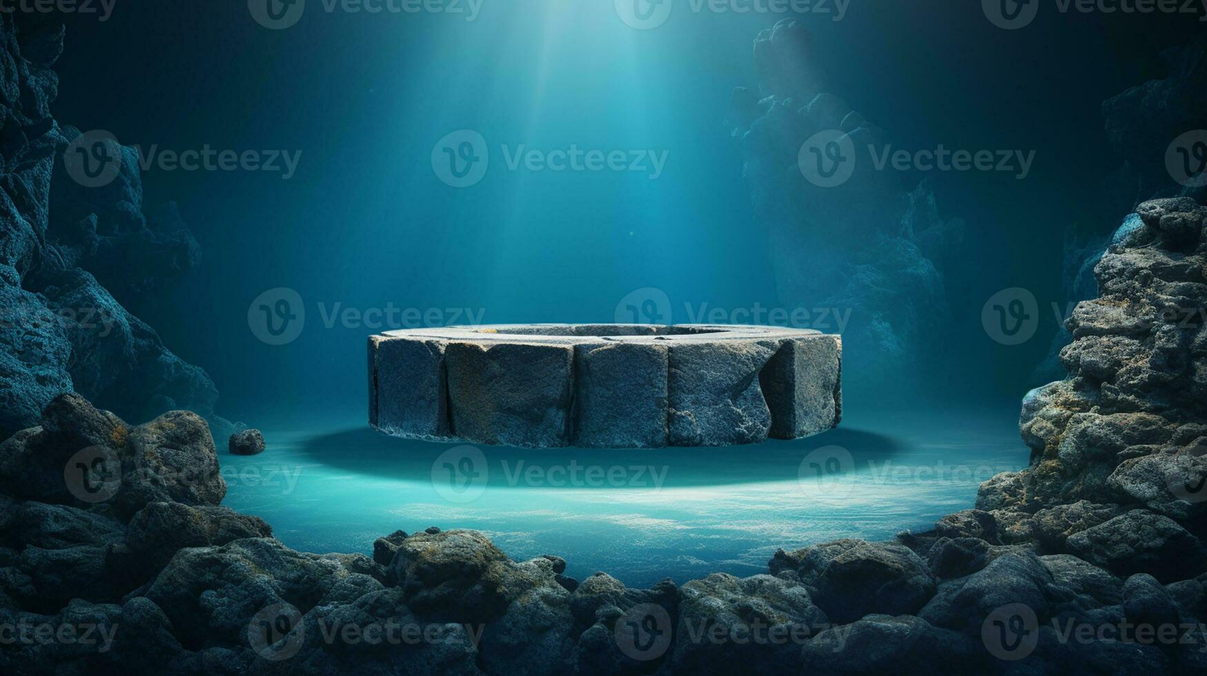 AI generated 3d rendered abstract empty display podium underwater made with stone Minimal scene for product display presentation photo