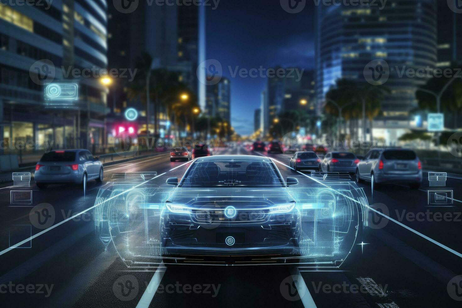 AI generated Modern smart car technology intelligent system using Heads up display HUD Autonomous self driving mode vehicle on city road with graphic sensor radar signal system intelligent car. photo