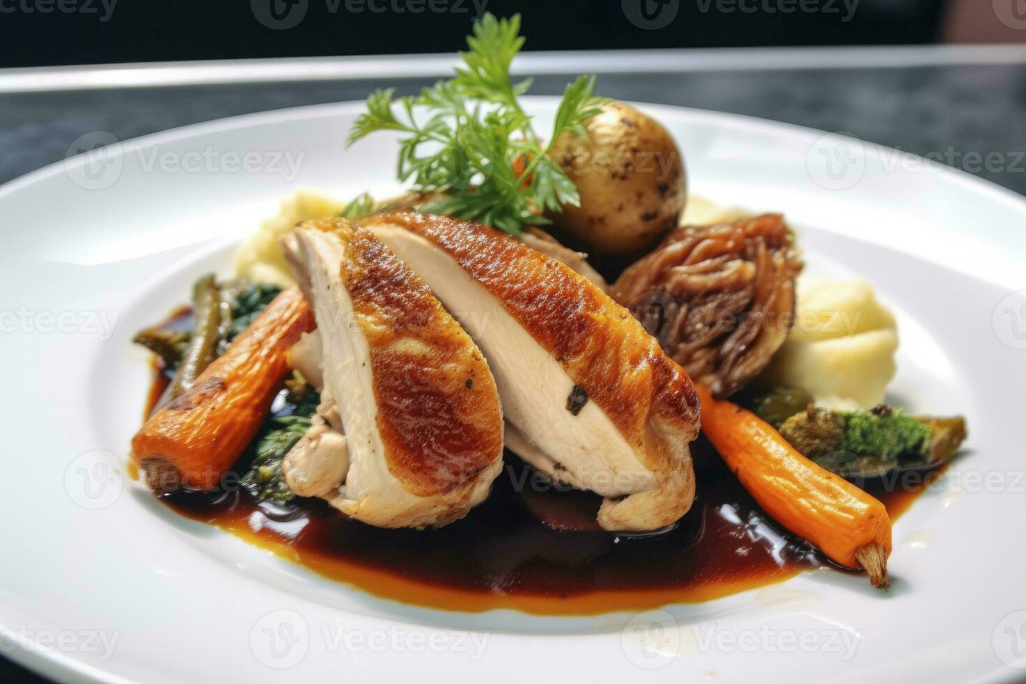 AI generated Plated chicken roast dinner on a white plate with carrot and morel mushroom. AI Generated. photo