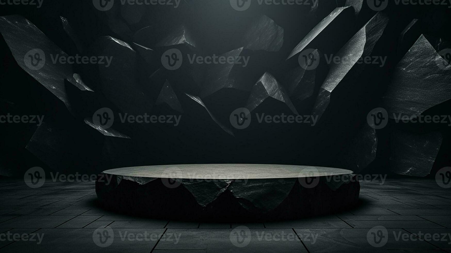 AI generated 3d rendered black empty Luxury natural stone podium for showing packaging and product on black background, copy space photo