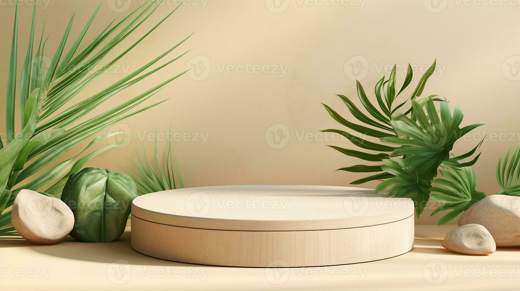 AI generated 3d rendered abstract empty display podium with leaves Minimal scene for product display presentation photo