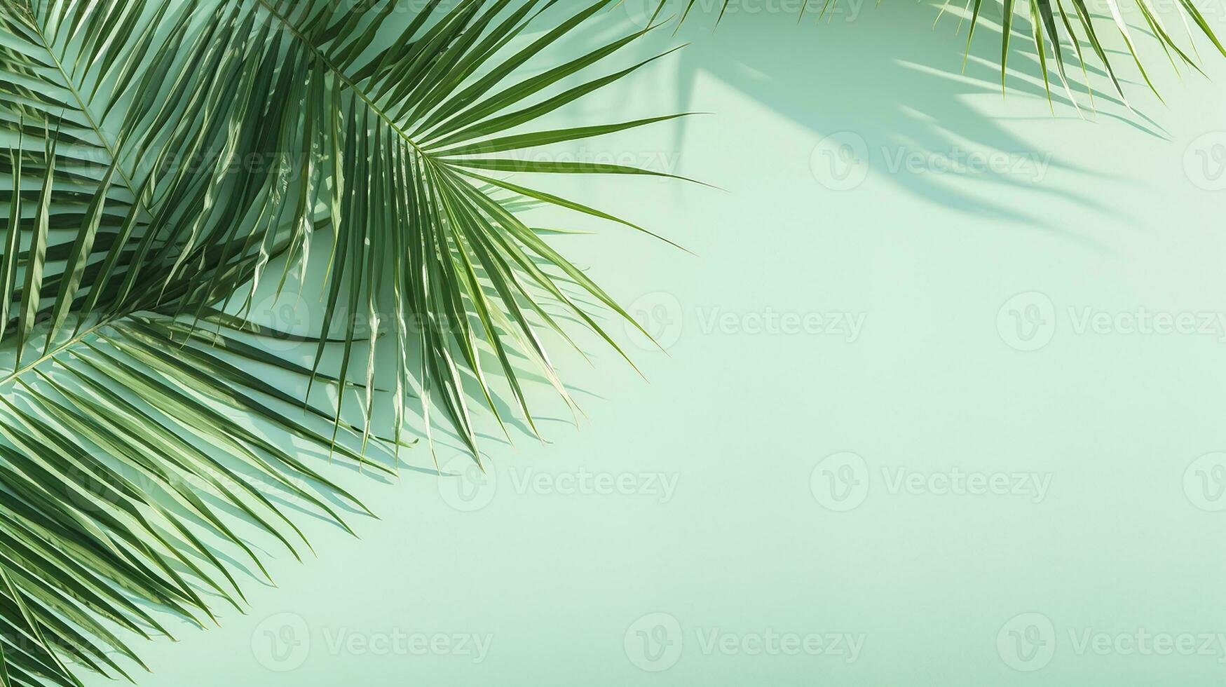 AI generated top view of palm leaves on blue background copy space, Tropical palm leaves from above - flat lay photo