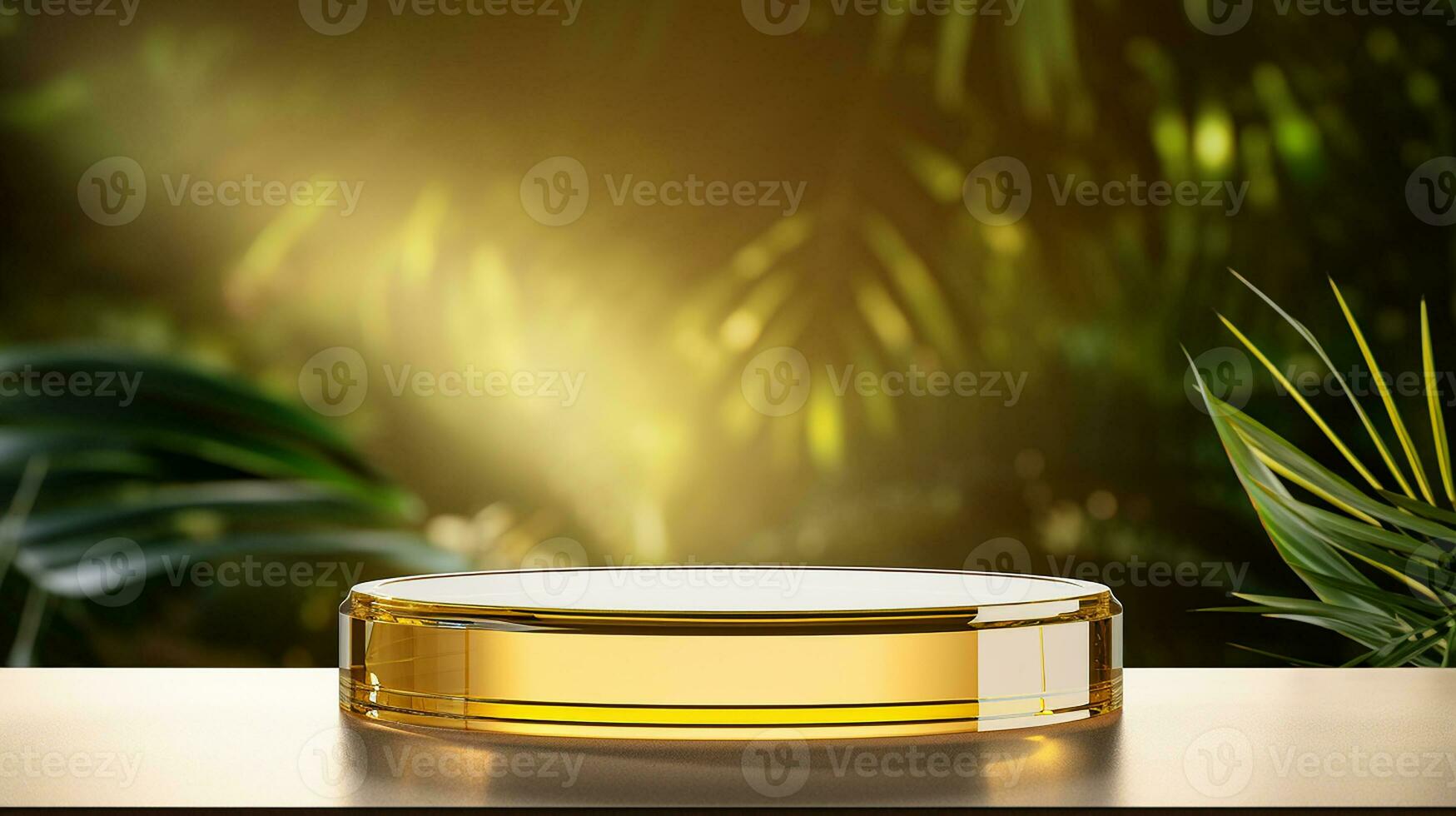 AI generated 3d rendered empty display elegant luxury black and gold theme podium with leaves Minimal scene for product display presentation photo