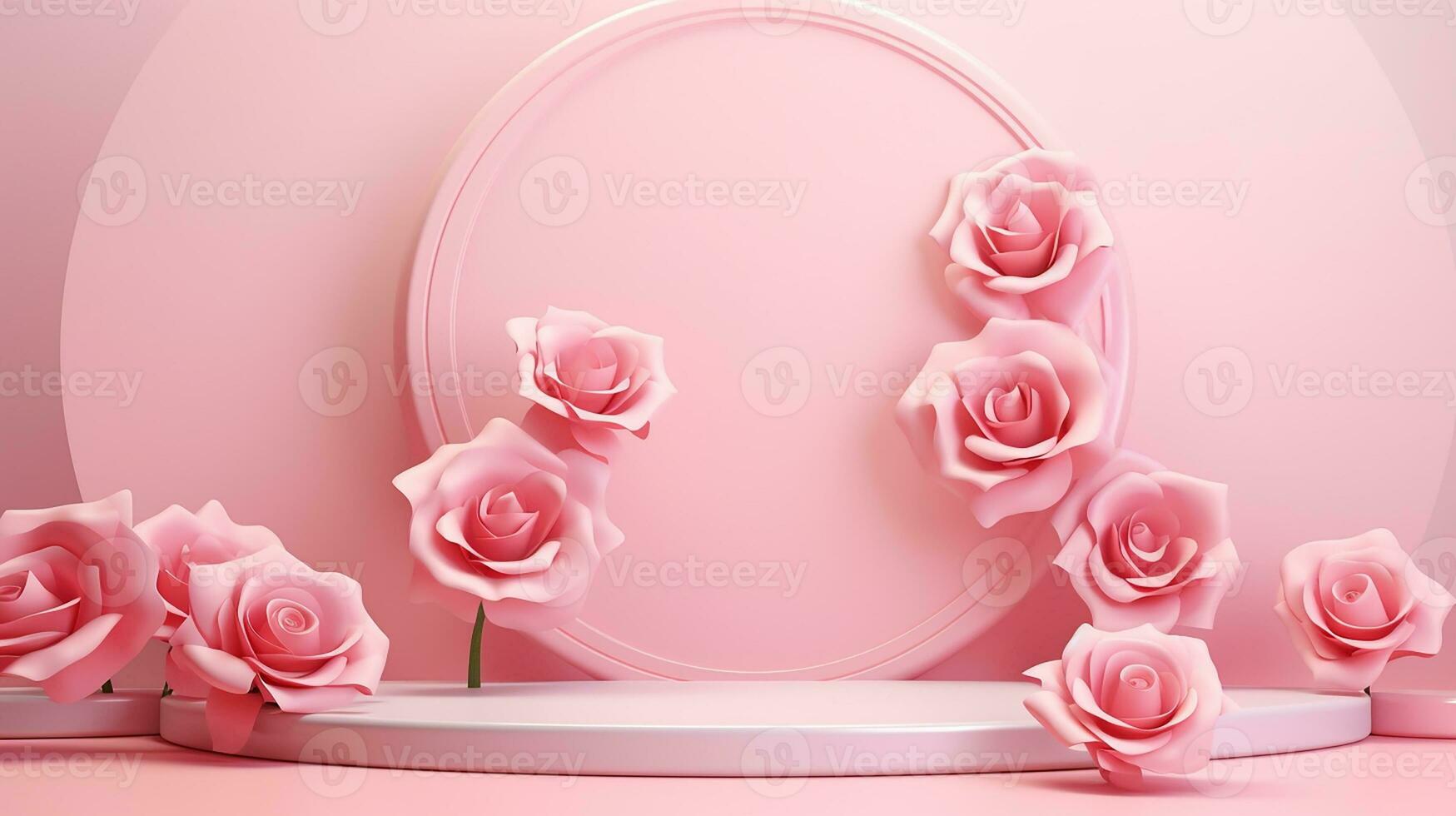 AI generated 3d rendered abstract empty display pink podium with flowers Minimal scene for product display presentation photo