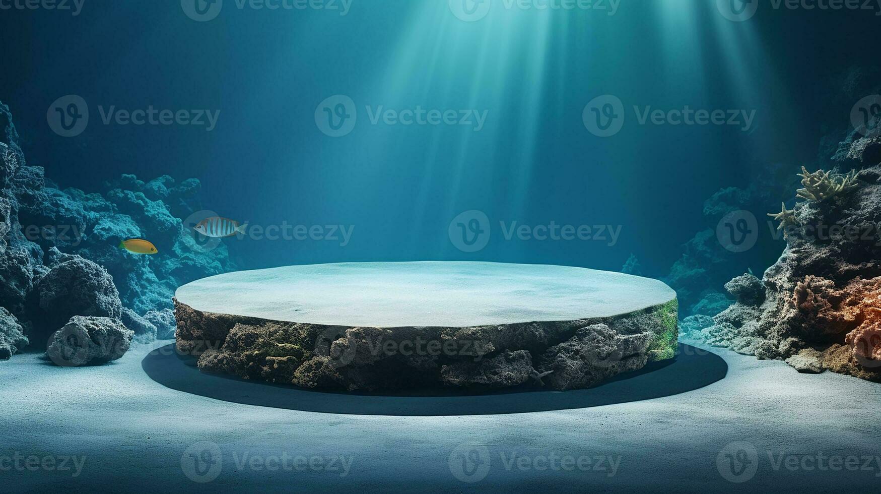 AI generated 3d rendered abstract empty display podium underwater made with stone Minimal scene for product display presentation photo