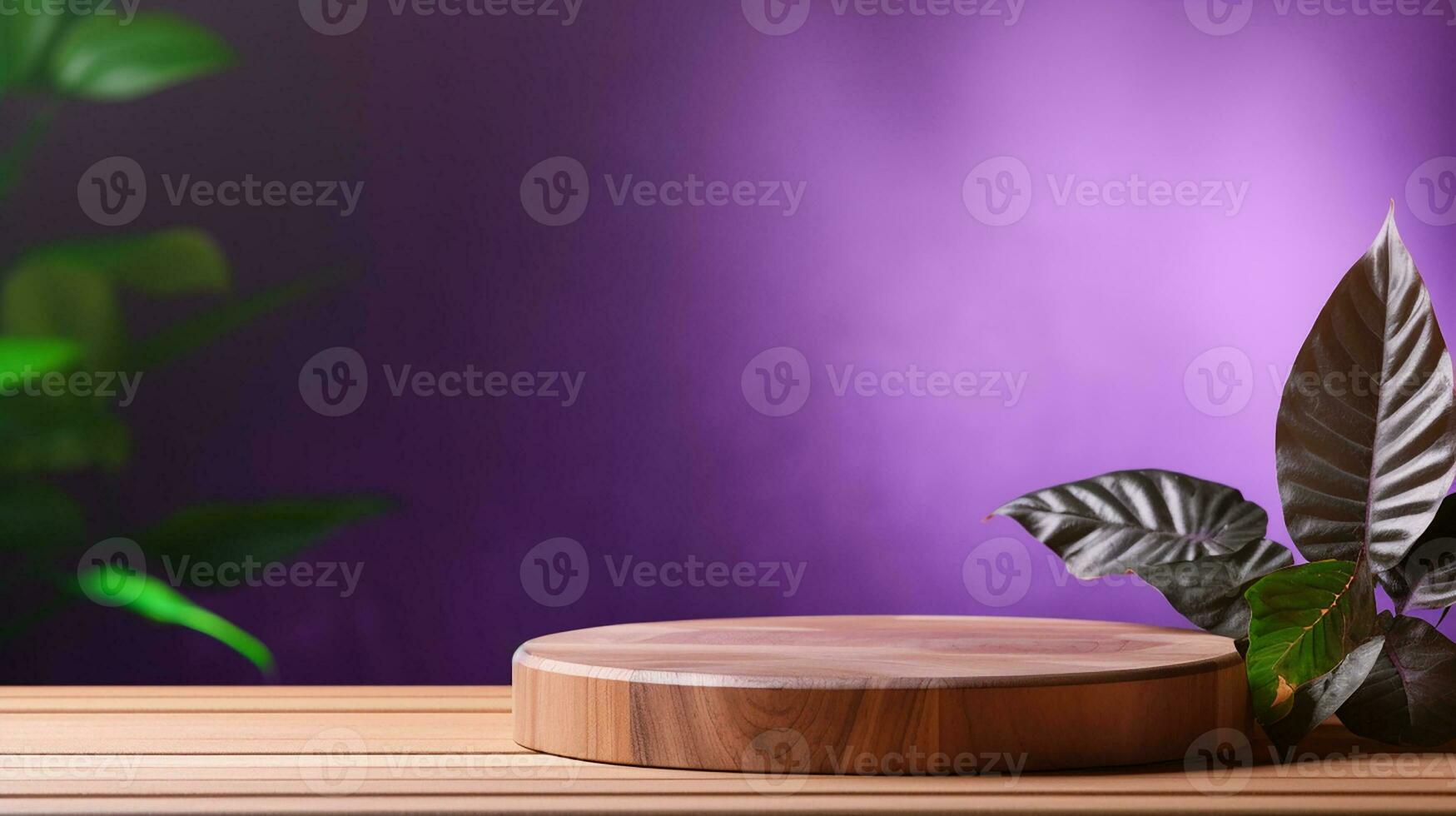 AI generated 3d rendered wooden empty display podium with leaves Minimal scene for product display presentation photo