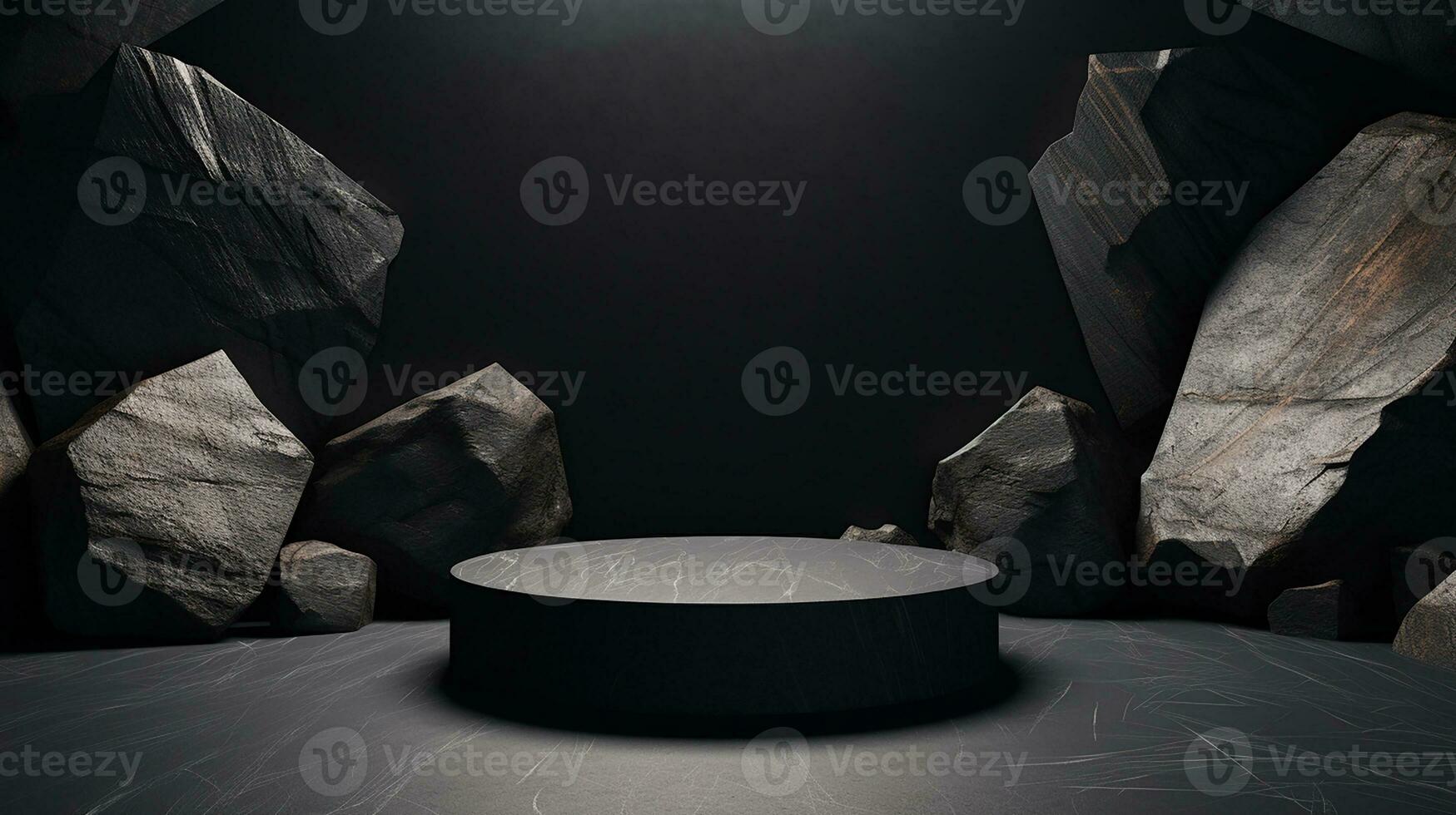 AI generated 3d rendered black empty Luxury natural stone podium for showing packaging and product on black background, copy space photo