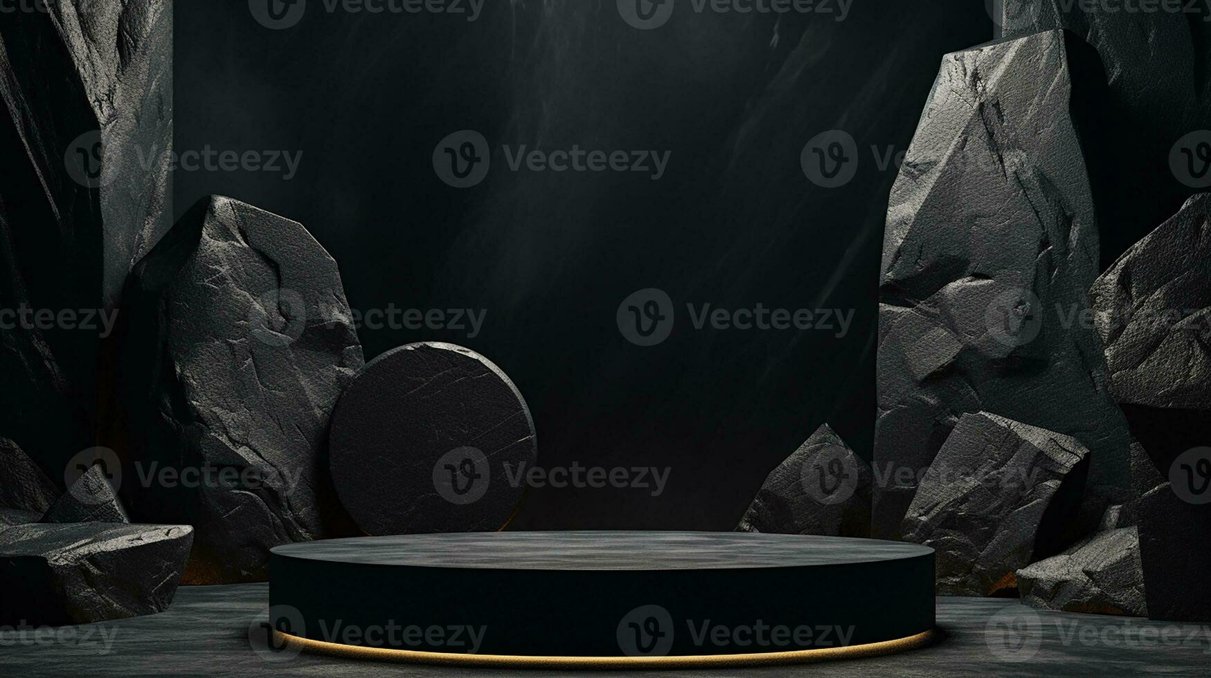 AI generated 3d rendered black empty Luxury natural stone podium for showing packaging and product on black background, copy space photo