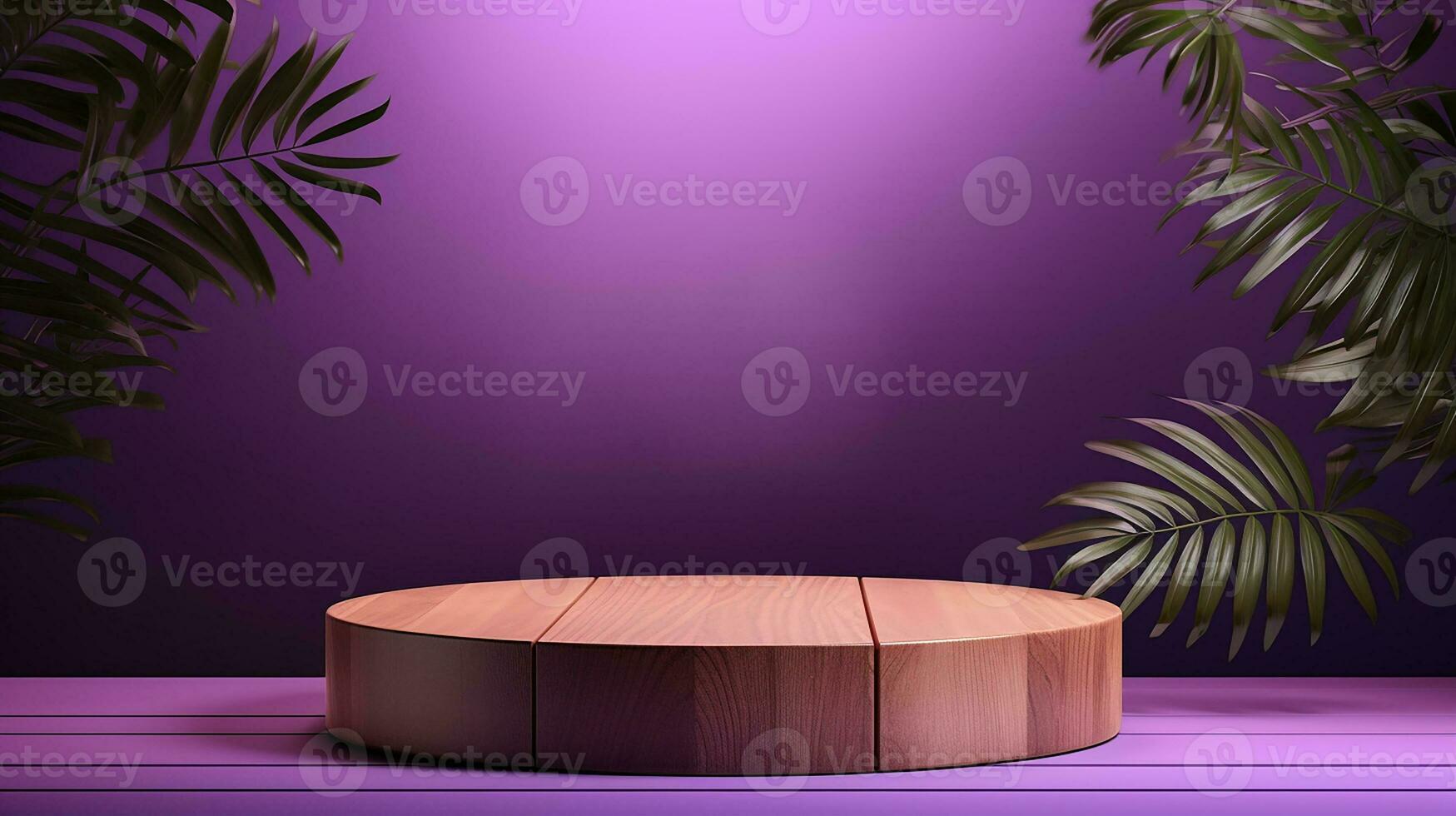AI generated 3d rendered wooden empty display podium with leaves Minimal scene for product display presentation photo