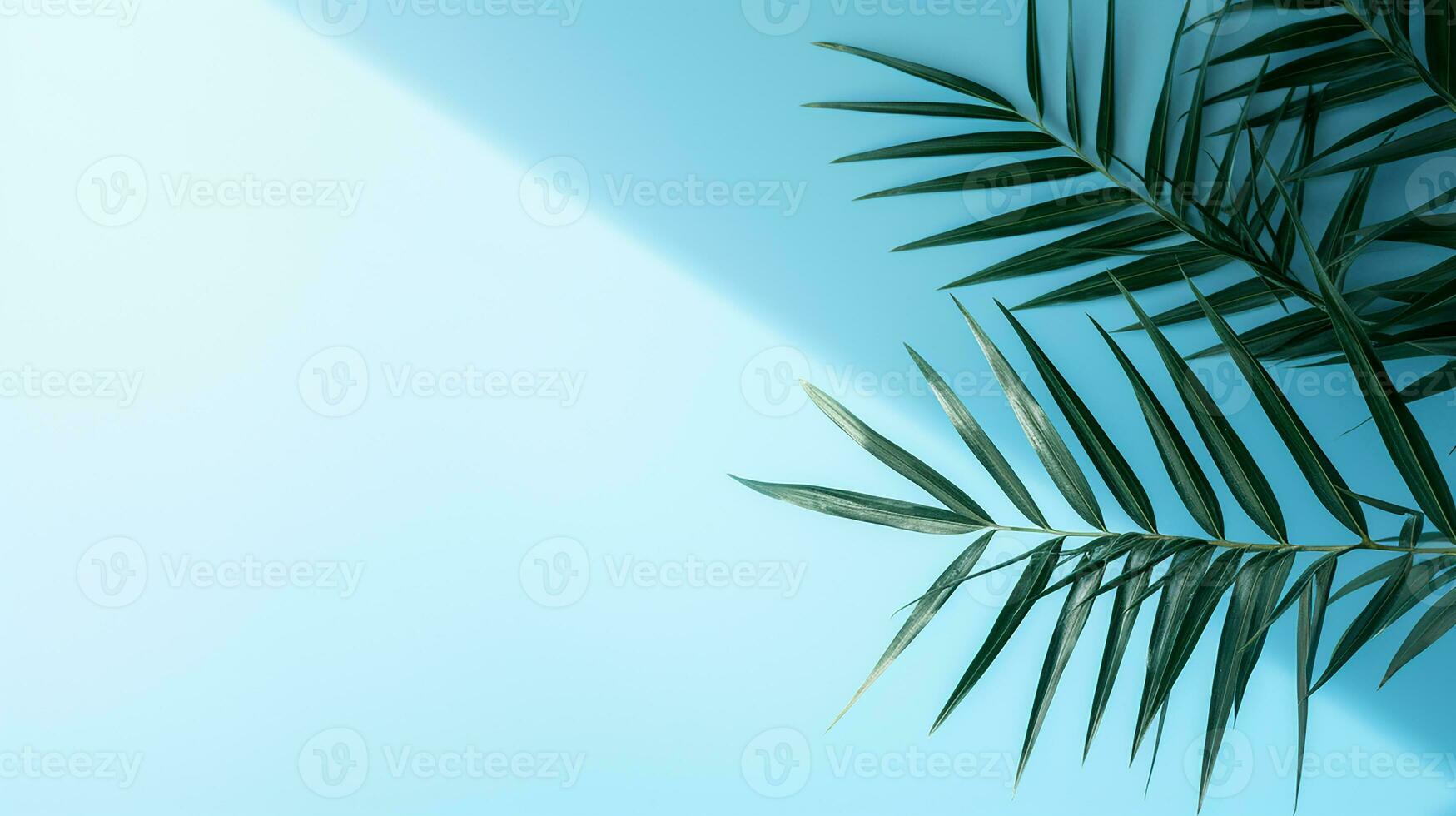 AI generated top view of palm leaves on blue background copy space, Tropical palm leaves from above - flat lay photo