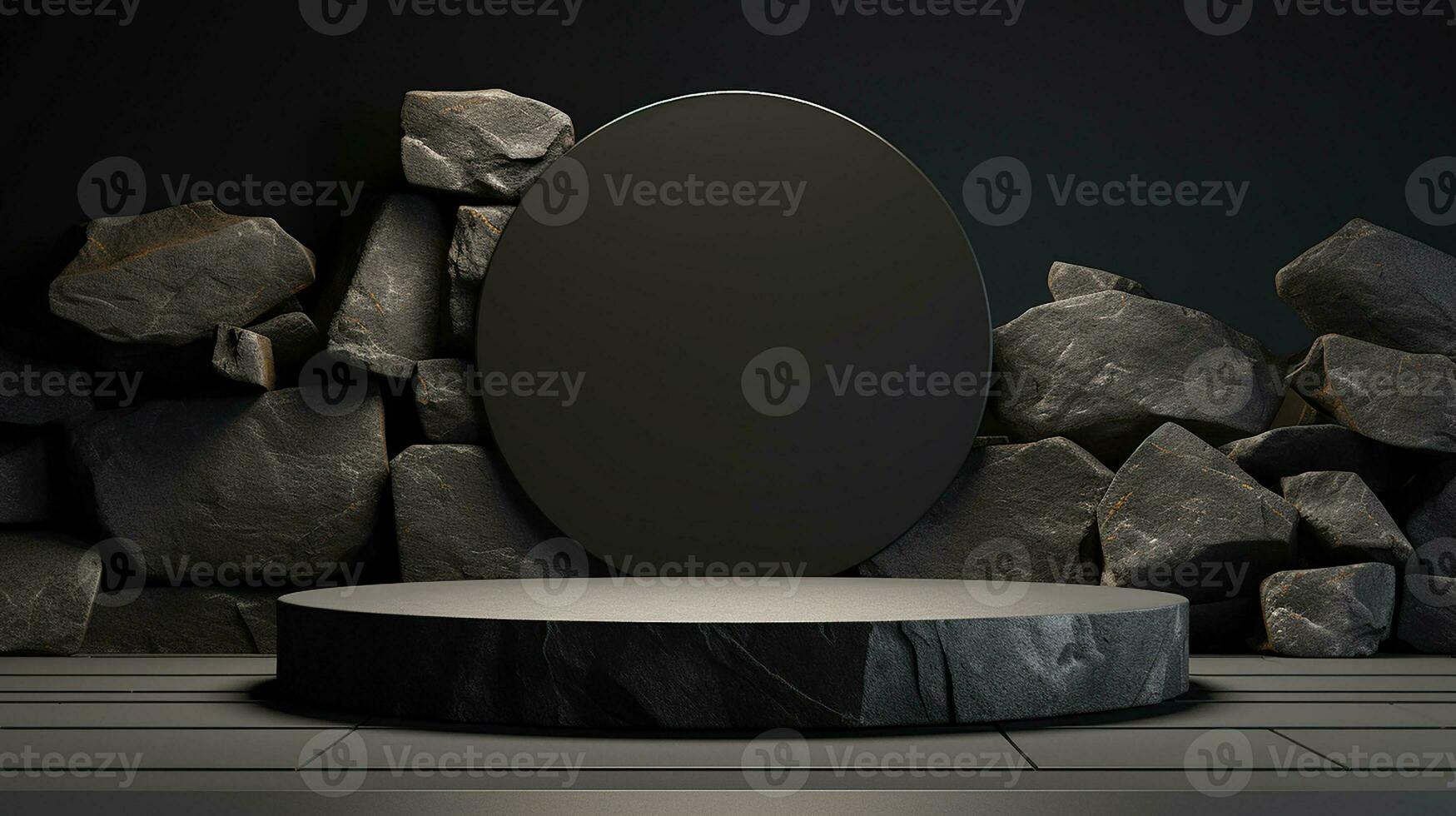 AI generated 3d rendered black empty Luxury natural stone podium for showing packaging and product on black background, copy space photo