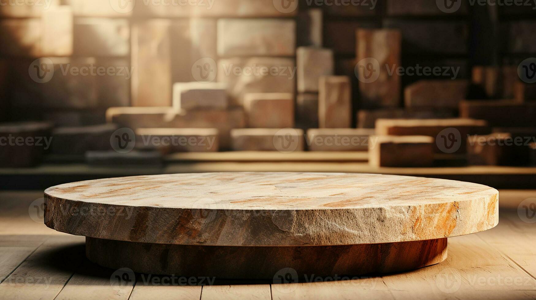 AI generated empty concrete natural stone podium for showing packaging and product on blurred background, copy space ,3d rendered photo