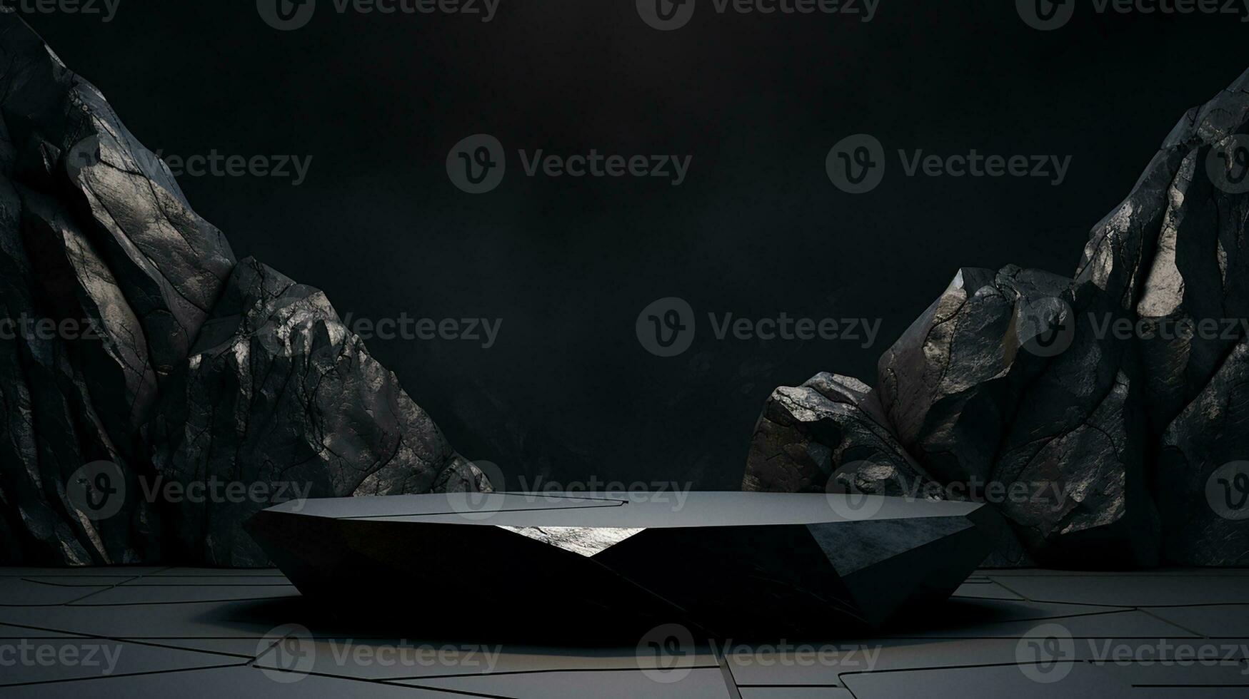 AI generated 3d rendered black empty Luxury natural stone podium for showing packaging and product on black background, copy space photo