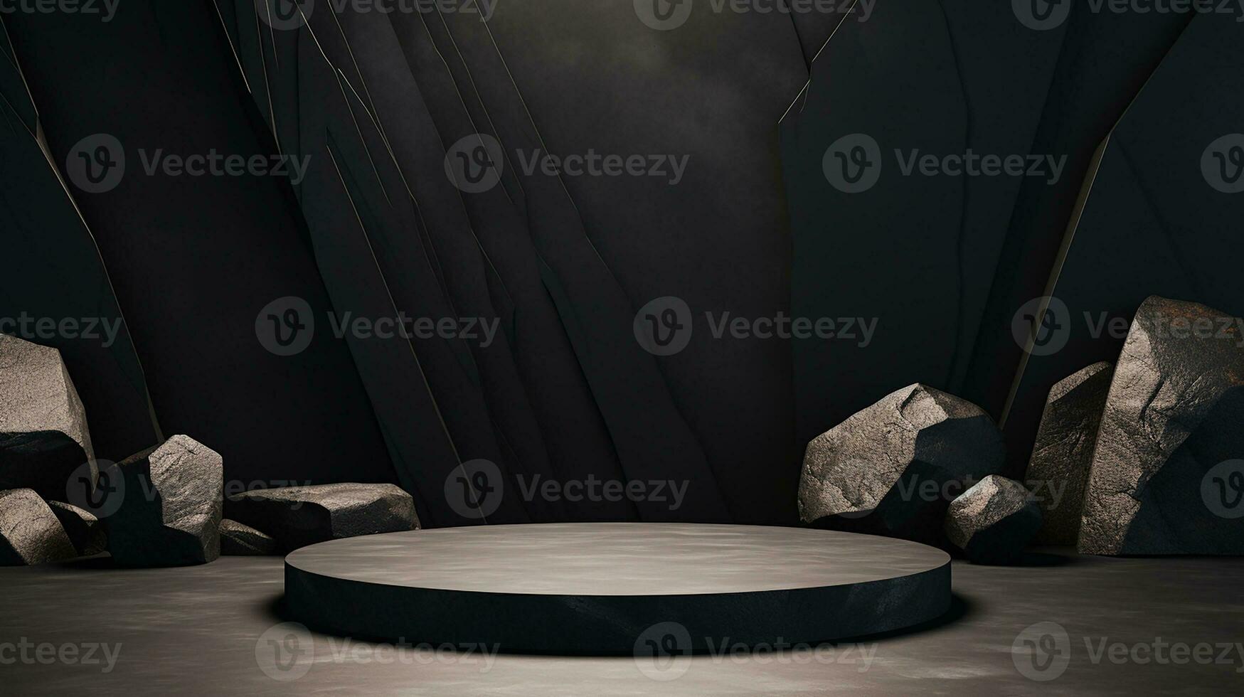 AI generated 3d rendered black empty Luxury natural stone podium for showing packaging and product on black background, copy space photo