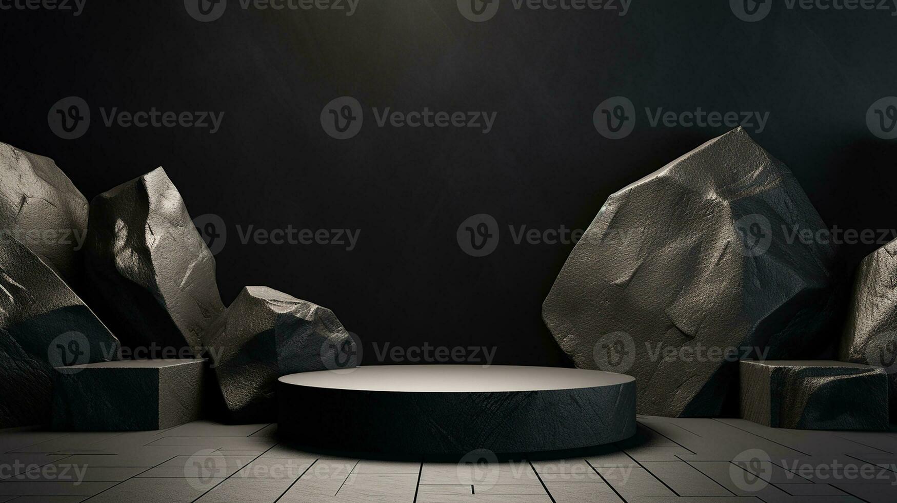 AI generated 3d rendered black empty Luxury natural stone podium for showing packaging and product on black background, copy space photo