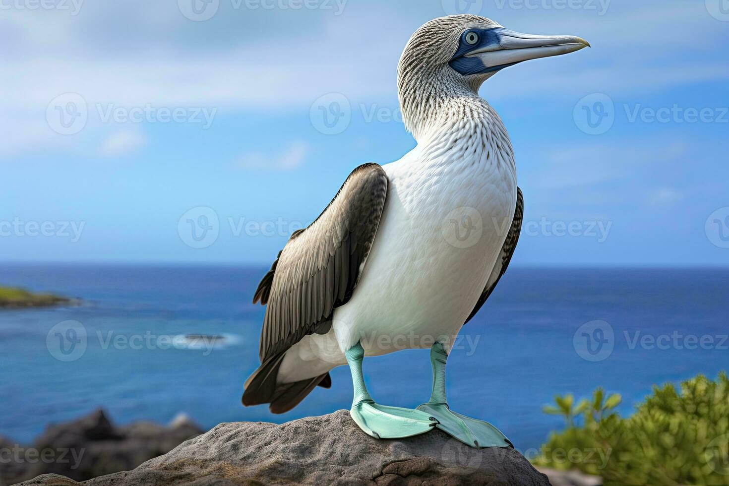 AI generated The rare blue-footed booby rests on the beach. AI Generated photo