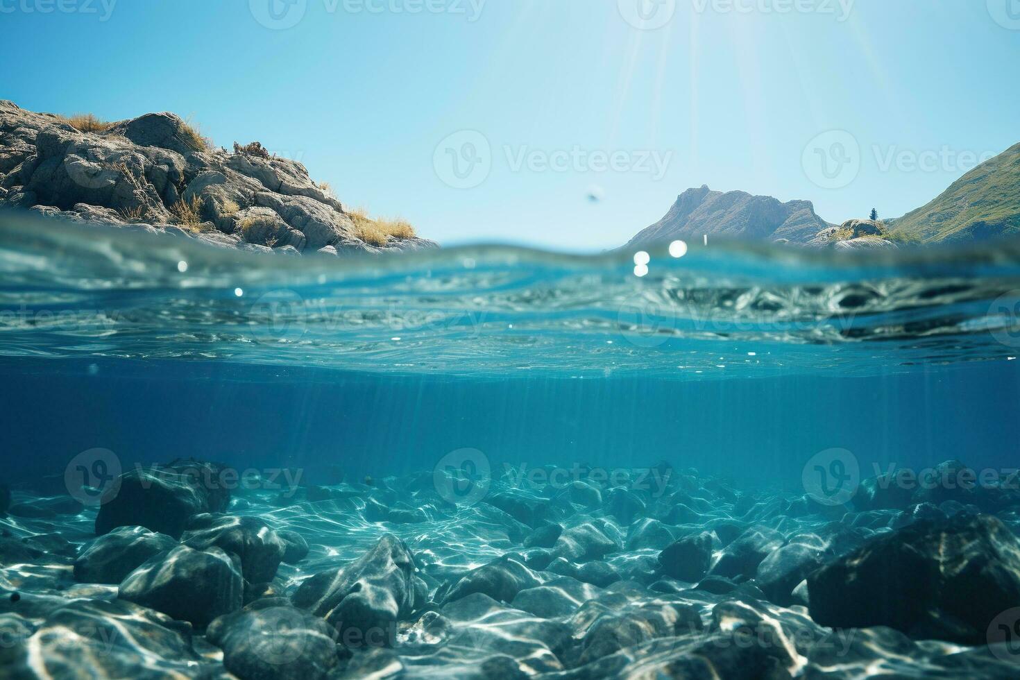 AI generated Seabed with clean transparent water and sun rays. Generated by artificial intelligence photo