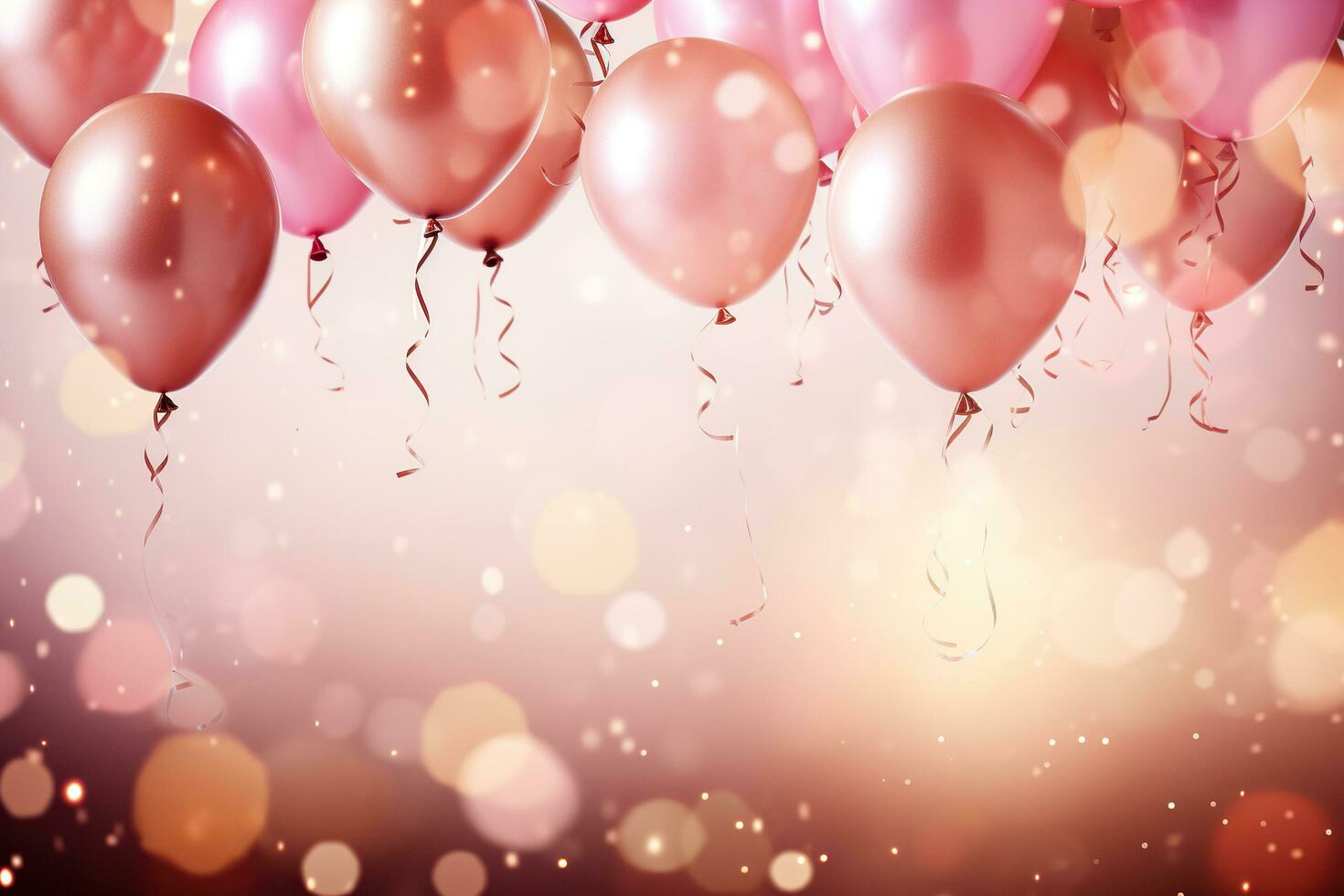 AI generated Pink background with a composition of pink air balloons with sparkles, glare, bokeh. Place for text. Generated by artificial intelligence photo