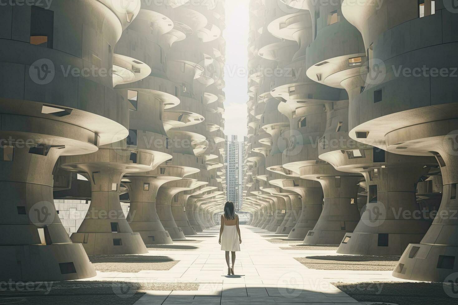 AI generated Woman walking in futuristic brutalist city street.  AI Generated. photo