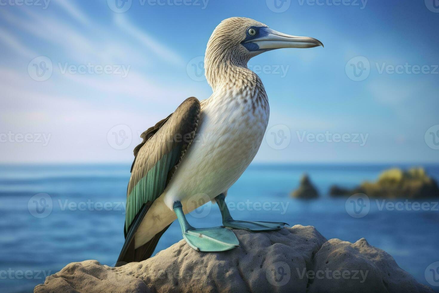 AI generated The rare blue-footed booby rests on the beach. AI Generated photo