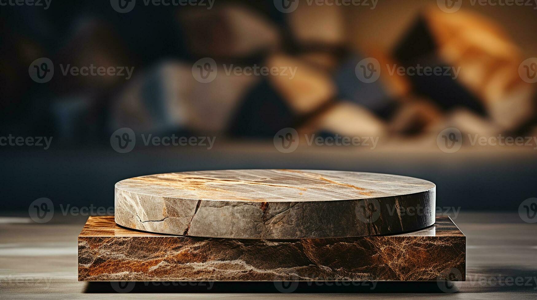 AI generated empty concrete natural stone podium for showing packaging and product on blurred background, copy space ,3d rendered photo
