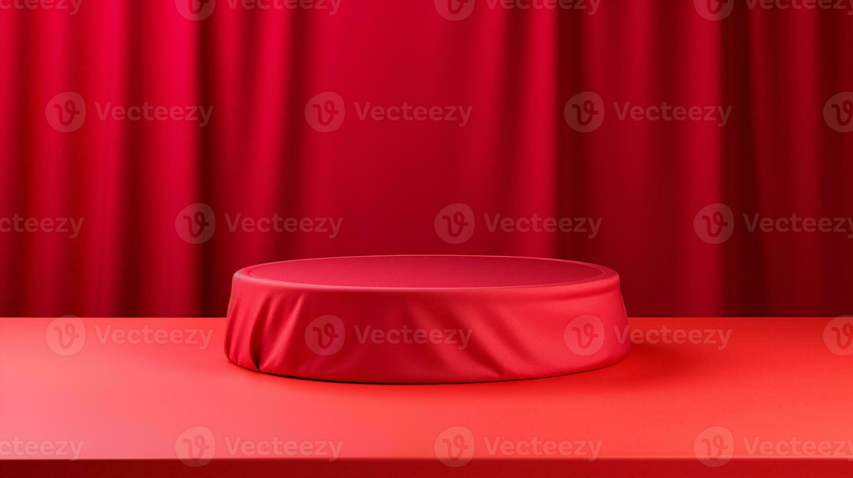 AI generated podium covered with red cloth cylinder pedestal product display background 3d illustration empty photo