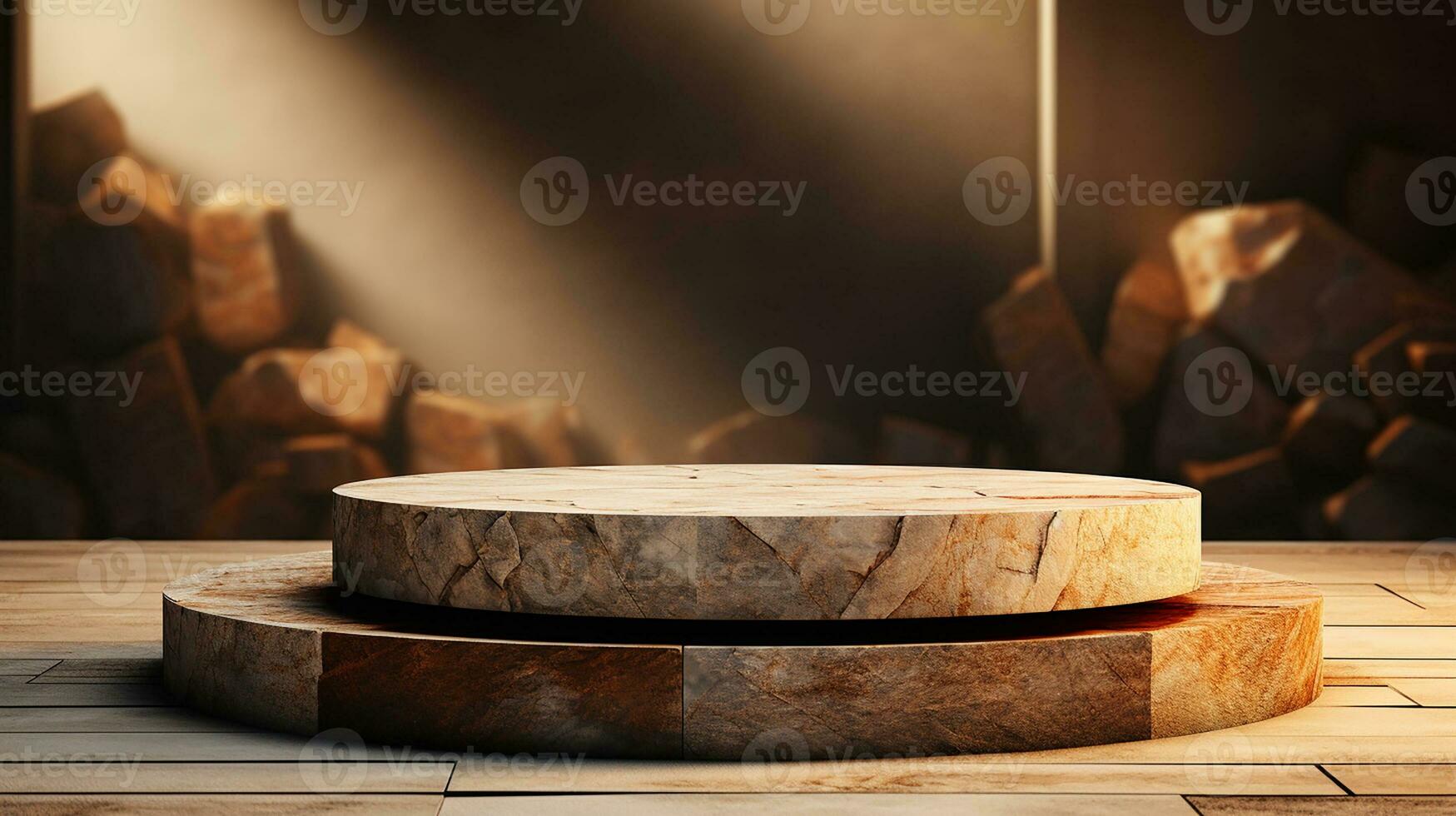 AI generated empty concrete natural stone podium for showing packaging and product on blurred background, copy space ,3d rendered photo