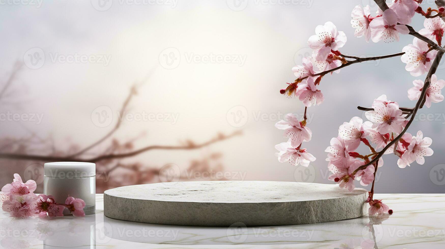 AI generated empty natural stone podium with flowers for showing packaging and product on blurred background, copy space ,3d rendered photo