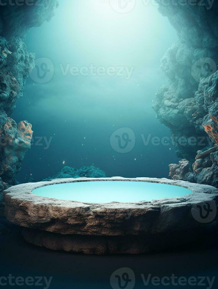 AI generated 3d rendered abstract empty display podium underwater made with stone Minimal scene for product display presentation photo