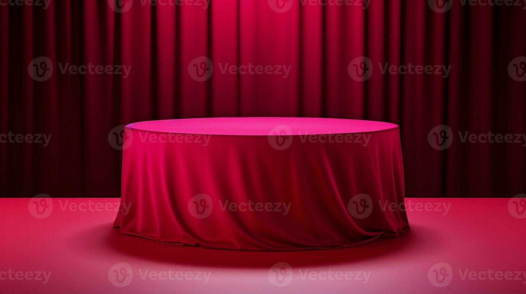 AI generated podium covered with red cloth cylinder pedestal product display background 3d illustration empty photo