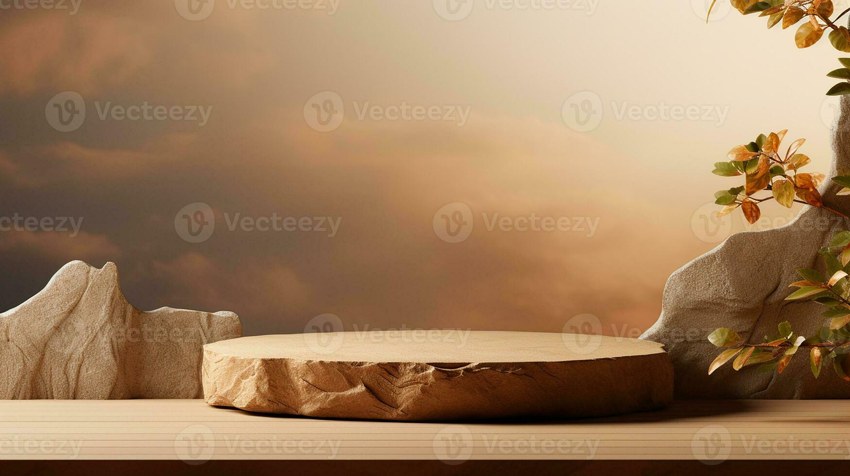 AI generated empty concrete natural stone podium for showing packaging and product on blurred background, copy space ,3d rendered photo