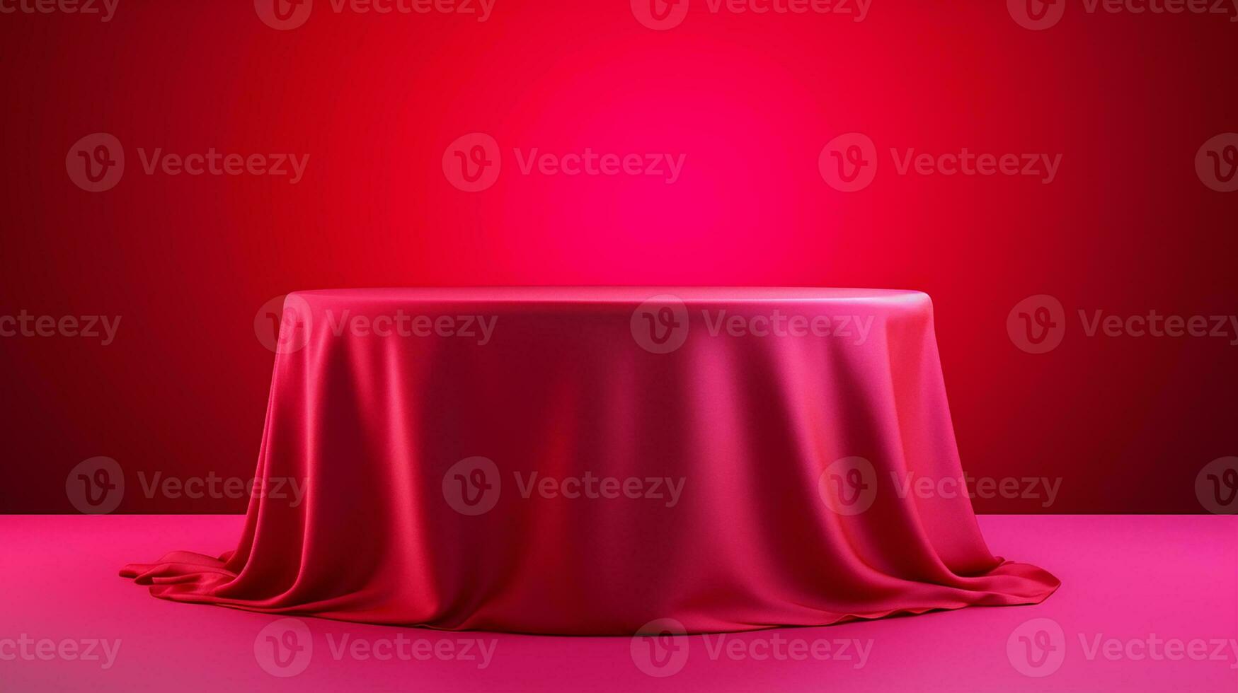 AI generated podium covered with red cloth cylinder pedestal product display background 3d illustration empty photo