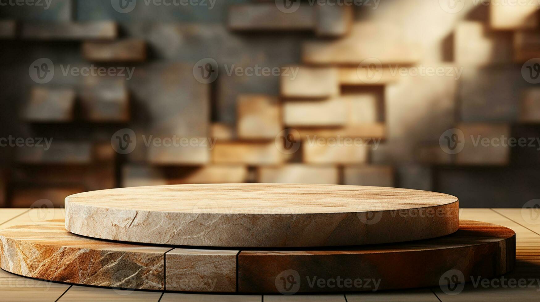 AI generated empty concrete natural stone podium for showing packaging and product on blurred background, copy space ,3d rendered photo