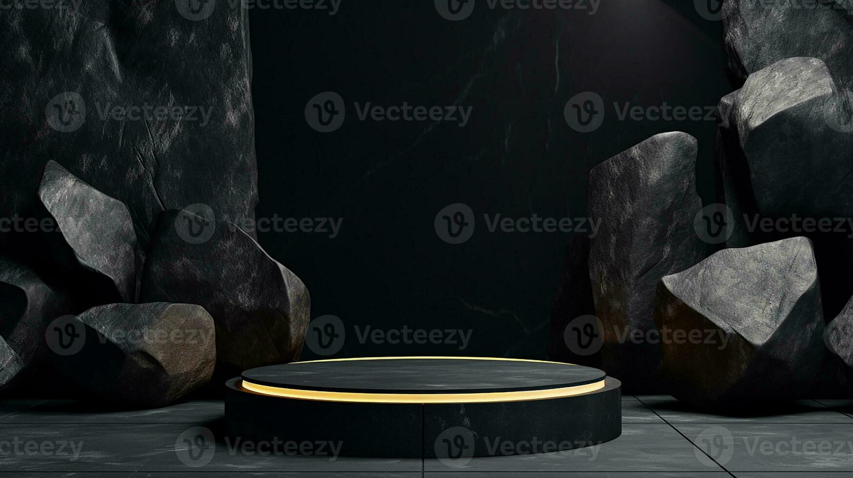 AI generated 3d rendered black empty Luxury natural stone podium for showing packaging and product on black background, copy space photo