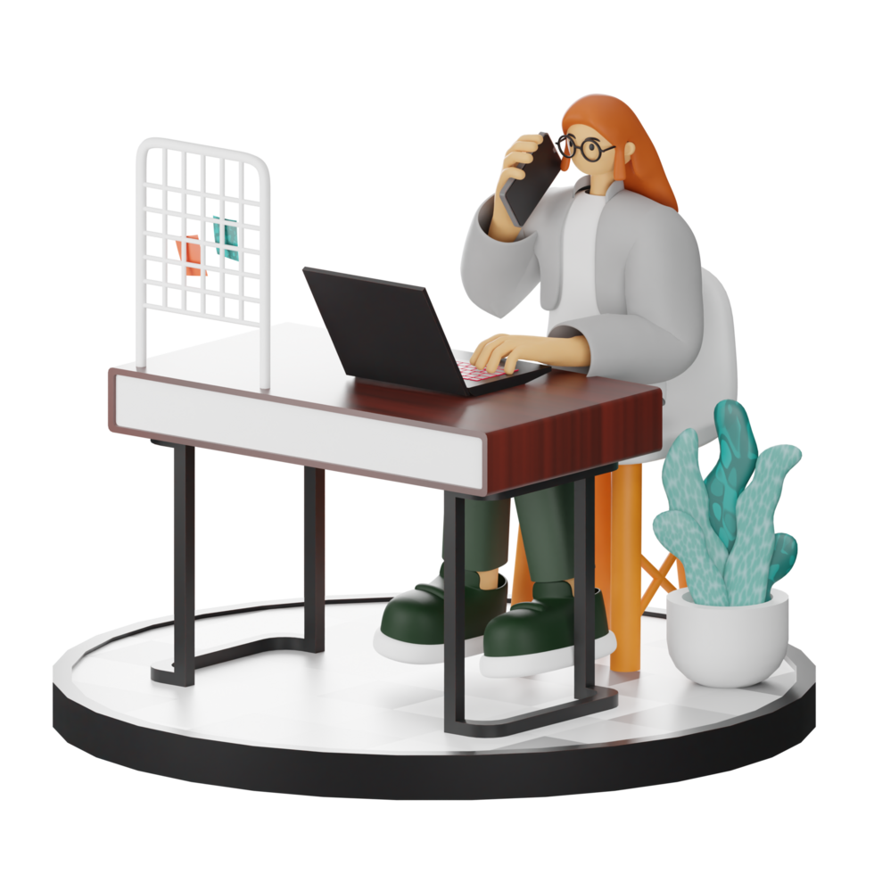 3D Illustration of a Teenage Female Programmer at the Computer Desk png