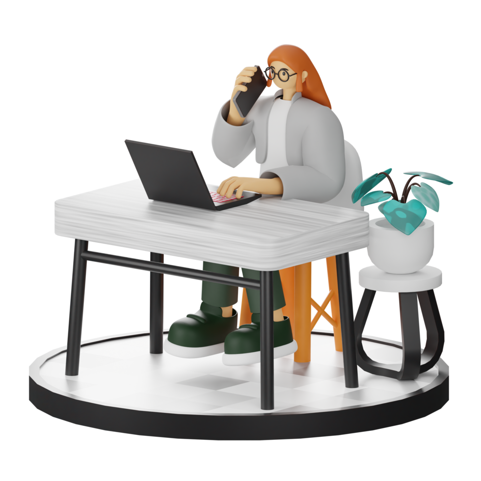 3D Illustration of a Teenage Female Programmer at the Computer Desk png